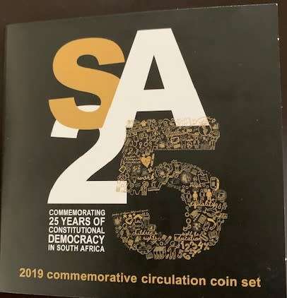 Complete 2019 SA 25 year 6 coin set 1 X R5 AND 5 x R2 coins commemorative circulation coin set