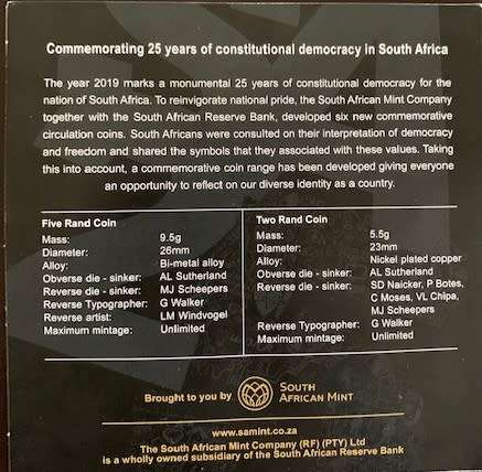 Complete 2019 SA 25 year 6 coin set 1 X R5 AND 5 x R2 coins commemorative circulation coin set