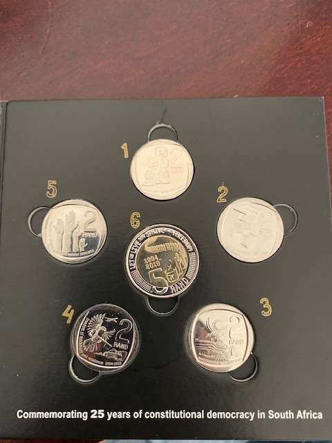 Complete 2019 SA 25 year 6 coin set 1 X R5 AND 5 x R2 coins commemorative circulation coin set