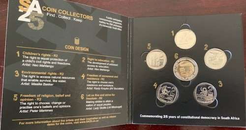 Complete 2019 SA 25 year 6 coin set 1 X R5 AND 5 x R2 coins commemorative circulation coin set