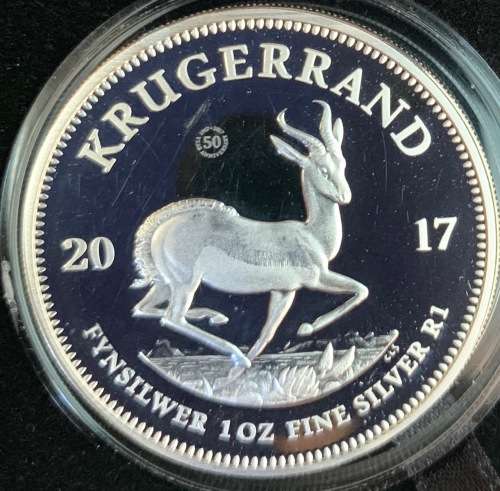 2017 Proof Silver Krugerrand 50th anniversary 1oz coin with box & certi. Visible scuff marks on coin