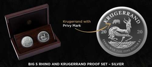 2020 Mintmark Proof Silver 1oz Krugerrand Rhino privy mark and Big 5 Rhino R5 1oz Silver coin