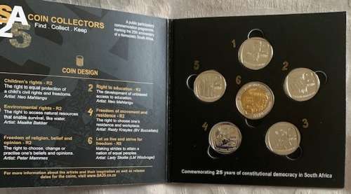 Complete 2019 SA 25 year 6 coin set 1 X R5 AND 5 x R2 coins commemorative circulation coin set