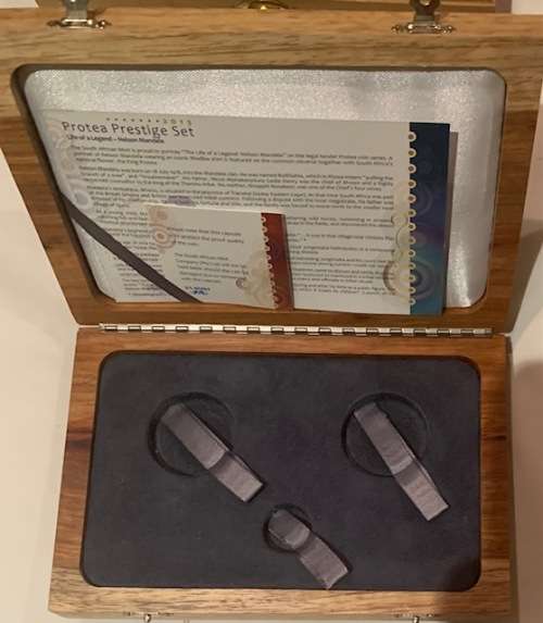 For Toy Shack only 3 X 2013 Mandela Prestige coin set + 1 X 2010 set - wooden box only , no coins
