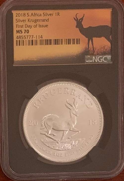 Rare 2018 NGC Graded MS70 Silver 1oz Krugerrand Coin First Day of Issue label