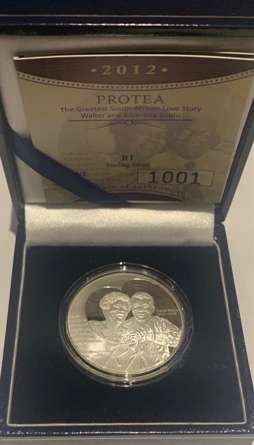 2012 Protea South Africa R1 Proof Silver Walter Sisulu Silver coin Nobel Laureate Literature
