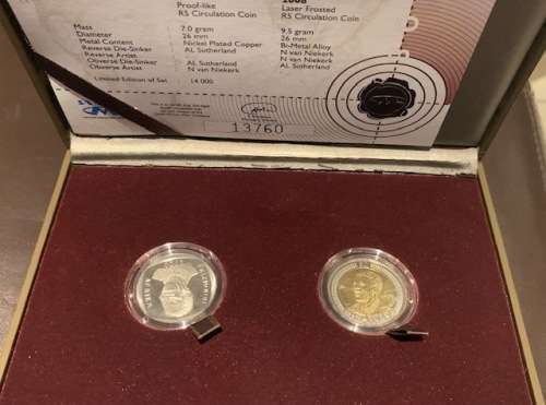 SA MInt issued 2000 Proof Like and 2008 Laser Frosted Mandela commerorative R5 coin set