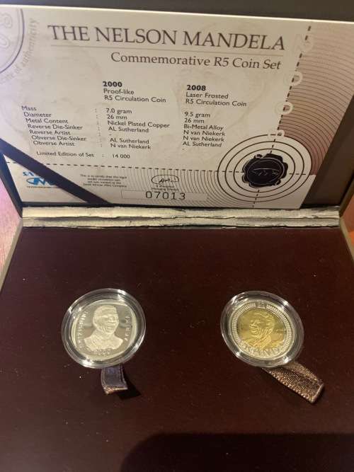 SA MInt issued 2000 Proof Like and 2008 Laser Frosted Mandela commerorative R5 coin set