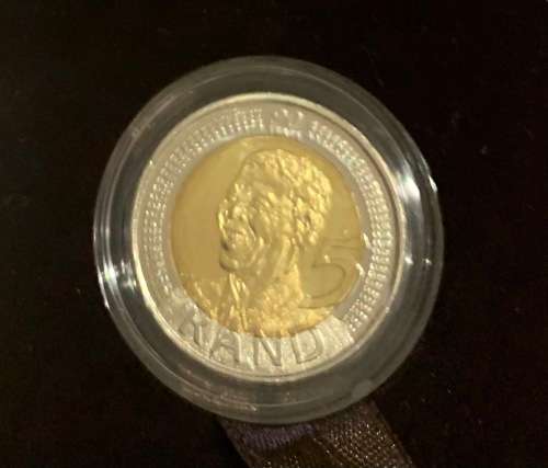 SA MInt issued 2000 Proof Like and 2008 Laser Frosted Mandela commerorative R5 coin set