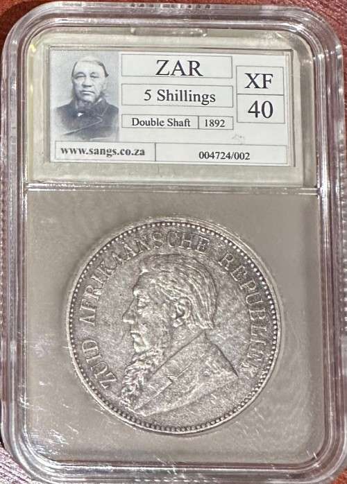 Scarce Graded XF40 ZAR 1892 Silver Double Shaft Crown 5 Shilling coin (5S): SANGS Mintage 4327