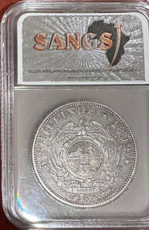 Scarce Graded XF40 ZAR 1892 Silver Double Shaft Crown 5 Shilling coin (5S): SANGS Mintage 4327