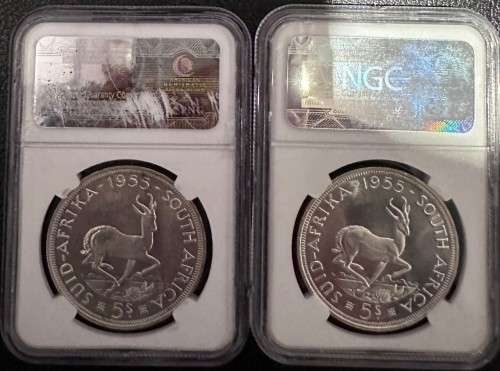 PAIR 1955 Proof Union 5 shilling Crown Silver coin PF67 and Proof like PL67 NGC (top pop)