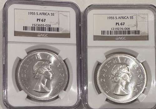 PAIR 1955 Proof Union 5 shilling Crown Silver coin PF67 and Proof like PL67 NGC (top pop)