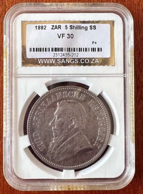 1892 ZAR 5 shilling Crown 5S Silver coin SANGS graded VF30 Single Shaft
