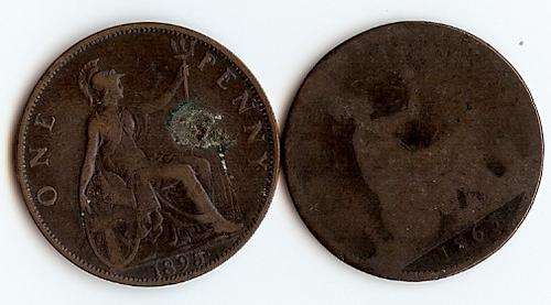 1895 One penny British coin and 1865 unknown coin