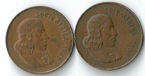 1965 South African 2 cents English and Afrikaans coin