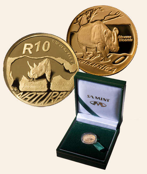 2010 Black Rhino 1/10th Natura gold coin with certificate NEW still sealed