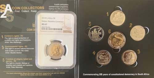 2018 R5 Mandela MS67 NGC Graded Coin +2019 Circulation Coin Set 25 Yrs Democracy R5 And 5 X R2 Coins