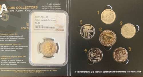 2018 R5 Mandela MS67 NGC Graded Coin +2019 Circulation Coin Set 25 Yrs Democracy R5 And 5 X R2 Coins