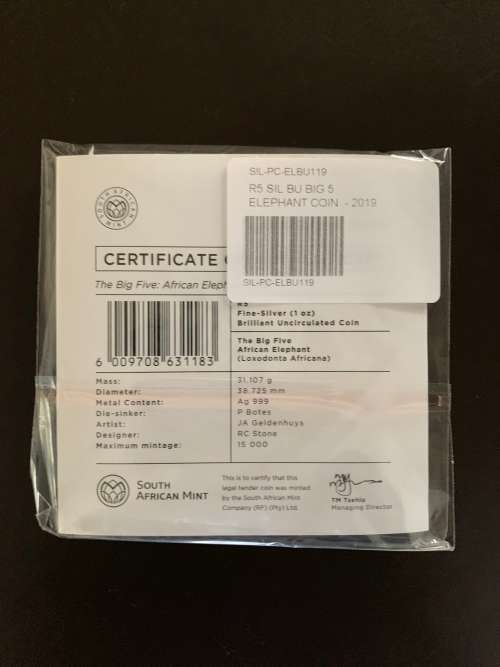 2019 Silver R5 Brilliant Uncirculated 1oz Coin Big 5 Elephant South Africa Sold Out at SA Mint