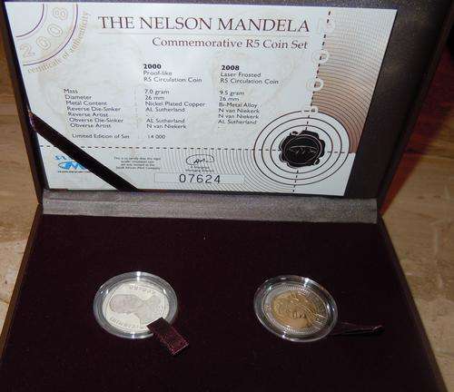2008 Mandela R5 Commemorative set 90th birthday and 2000 R5 coin