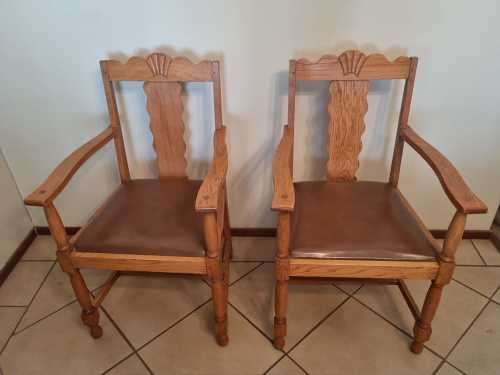 Antique Oak Arm Chairs - Sold as a Pair.
