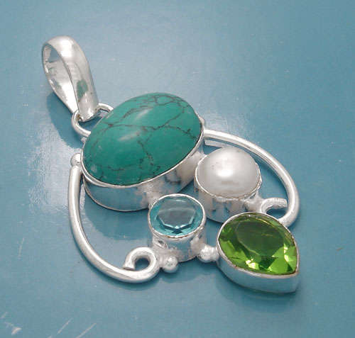 ***WOW !!! GORGEOUS GEMSTONES MIX  ***925  STERLING SILVER PENDANT