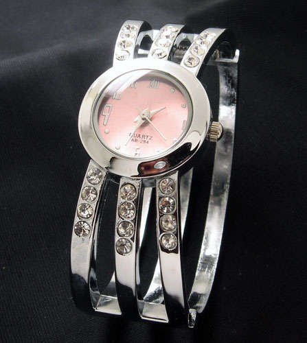 ***Diva Wrist Watch Clip on Bangle *** Pink Dial with Crystals