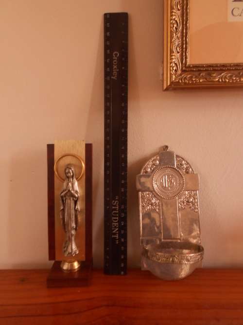 LOOK HELEN! Vintage, Religious, (Catholic) Metal Madonna Stand & Holy Water Backplate, Bid for both