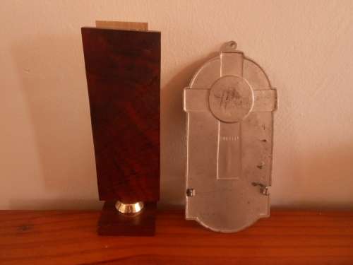 LOOK HELEN! Vintage, Religious, (Catholic) Metal Madonna Stand & Holy Water Backplate, Bid for both