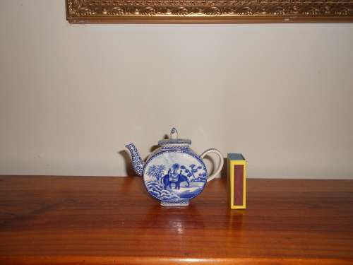 Beautiful Blue & White Ceramic MINIATURE TEAPOT Elephant & Farmyard Scene, marked