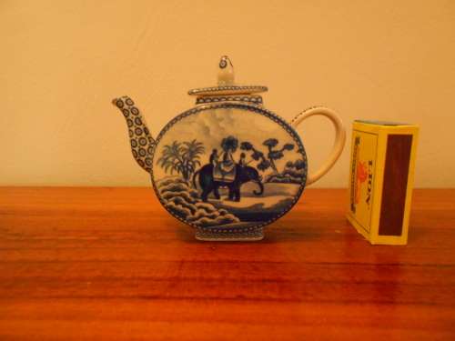 Beautiful Blue & White Ceramic MINIATURE TEAPOT Elephant & Farmyard Scene, marked