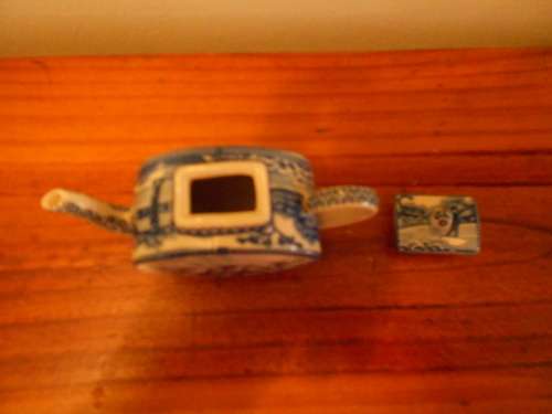 Beautiful Blue & White Ceramic MINIATURE TEAPOT Elephant & Farmyard Scene, marked