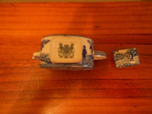 Beautiful Blue & White Ceramic MINIATURE TEAPOT Elephant & Farmyard Scene, marked