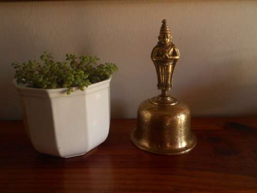 Vintage Heavy Brass hand-held HINDU TEMPLE BELL, Hanuman, Crisp Sound,Gd Condtion