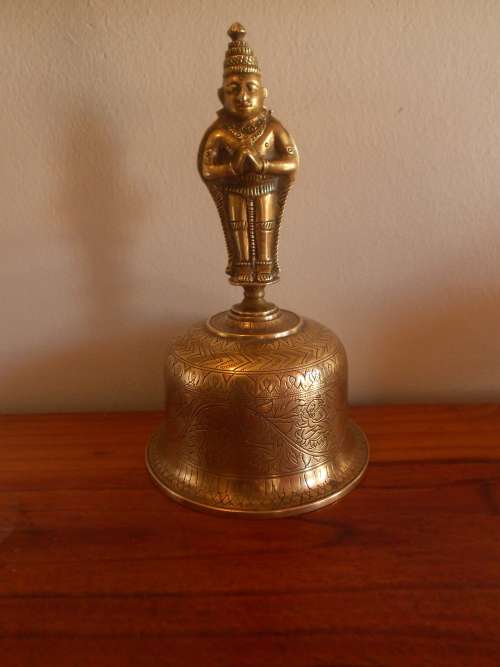 Vintage Heavy Brass hand-held HINDU TEMPLE BELL, Hanuman, Crisp Sound,Gd Condtion