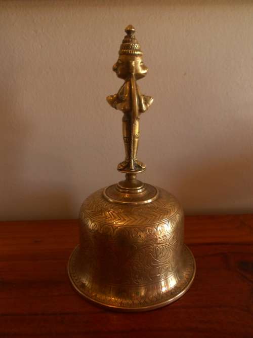 Vintage Heavy Brass hand-held HINDU TEMPLE BELL, Hanuman, Crisp Sound,Gd Condtion