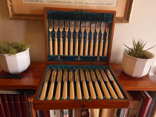 Antique VICTORIAN SILVER-PLATED (EPGS, WMF) 24pce Cutlery Set, Bone Handles, VGC, Free Shipping