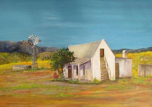 A lonely farmhouse 594x420x18mm acrylic painting by Doreen Fourie