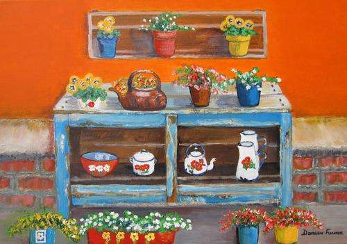 Potplants on old table (420x290x18mm) by Doreen Fourie