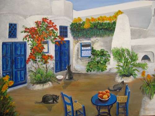 A courtyard in Santorini Greece (594x420x18mm) acrylic painting by Doreen Fourie