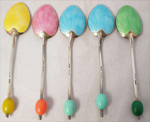 5 English Hallmarked Sterling Silver Enamel Coffee Bean Teaspoons