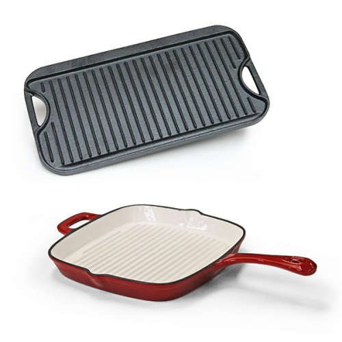 Cast Iron Griddle Pan + Cast Iron Square Skillet Pan Red / orange / grey / blue