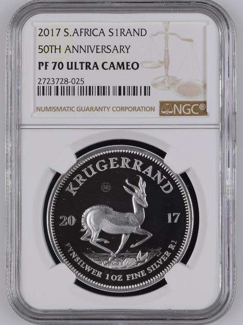 R1 START! | 2017 Krugerrand Silver 1oz | 50th Anniversary with Privy/Mint Mark | NGC PF70UC