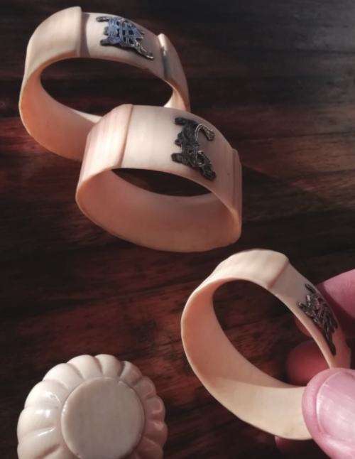FROM THE VICTORIAN ERA | COLLECTIBLE SET OF 3 IVORY SERVIETTE RINGS EMBELLISHED WITH SILVER LETTERS
