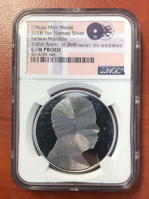 2018 1oz 999.9 Fine Silver Medal | Nelson Mandela 100th Anniv. of Birth | Mint of Norway | GEM PROOF