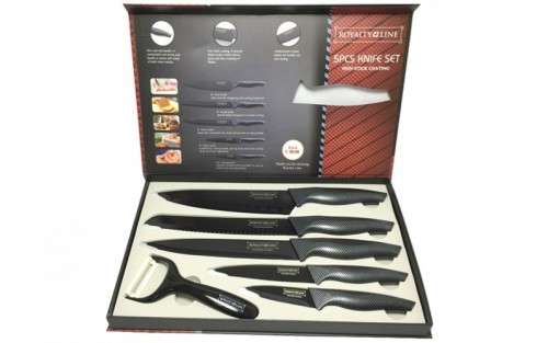 Royalty Line Carbon Handle 5-Piece + BONUS PEELER Black Ceramic Coating Knife Set RL-CB5