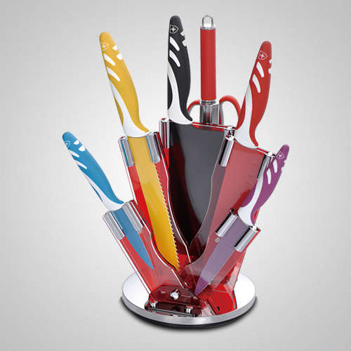 Royalty Line 8-Piece Wave Design Handle Colourful Non-Stick Knife Set with Acrylic Stand