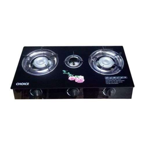 3 Burner Rose Flower Tempered Glass Panel Gas Stove