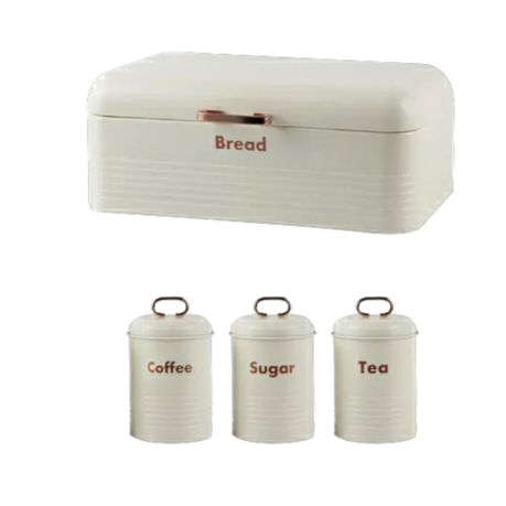 TH Retro Breadbin Steel Design with 3 Piece Matching Canister Set - White (READ THE DESCRIPTION)